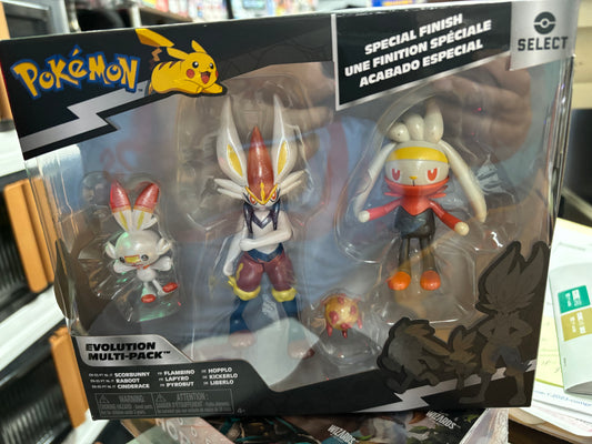 Pokemon Select Scorbunny, Flambino & Hopplo Evolution Figure 3-Pack. New. Battle Figures!