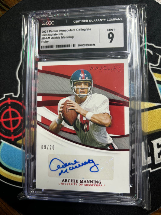 2021 Panini Immaculate Archie Manning 09/20 Autograph! Grade 9/9!