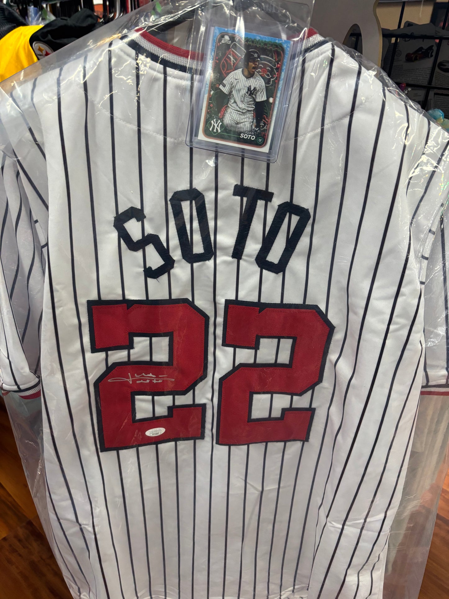 Juan Soto Custom Autographed Red White and Blue New York Jersey JSA Certified! Topps 2024 Holiday Card Included.