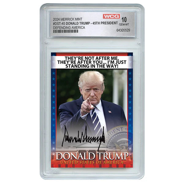 Donald Trump Defending America Trading Card (Graded GEM-MT 10).