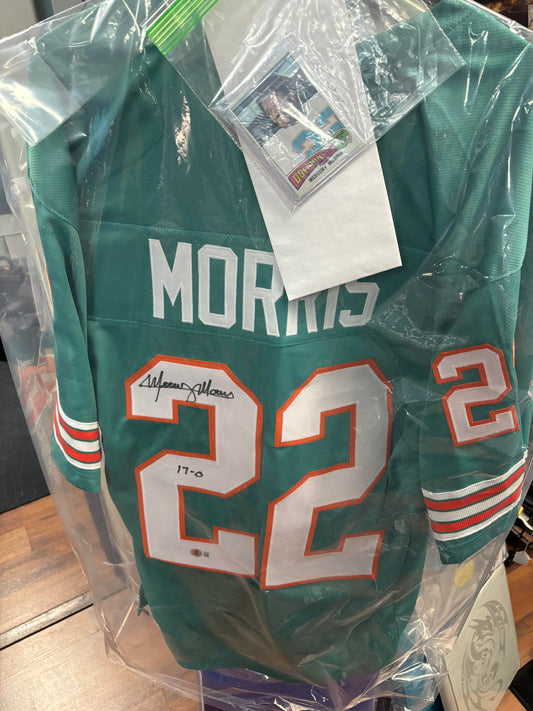 Mercury Morris Autographed Dolphins Jersey Inscribed "17-0". Beckett COA. Card Included.